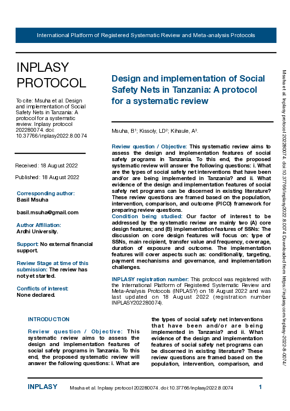 (PDF) Design and implementation of Social Safety Nets in Tanzania A