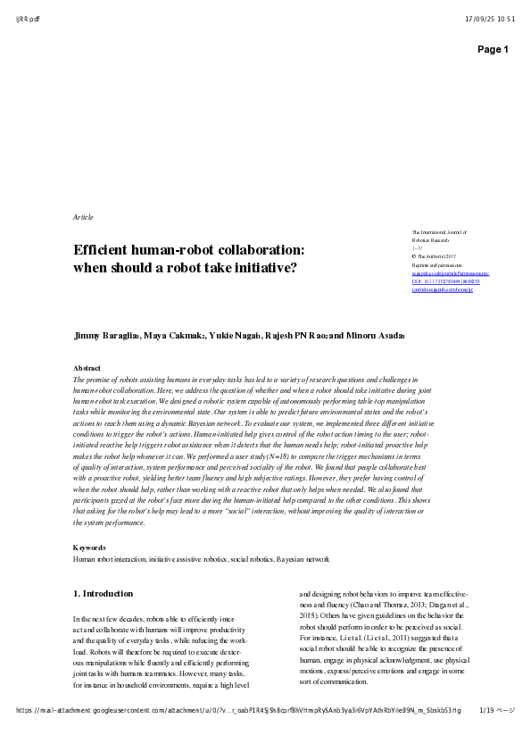 (PDF) Efficient human-robot collaboration: When should a robot take ...