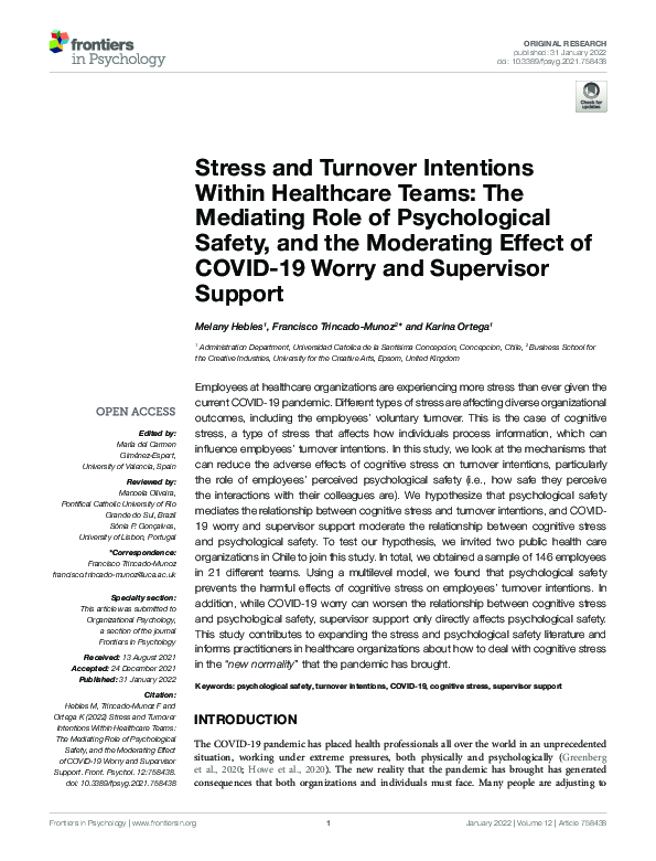 (PDF) Stress and Turnover Intentions Within Healthcare Teams: The ...