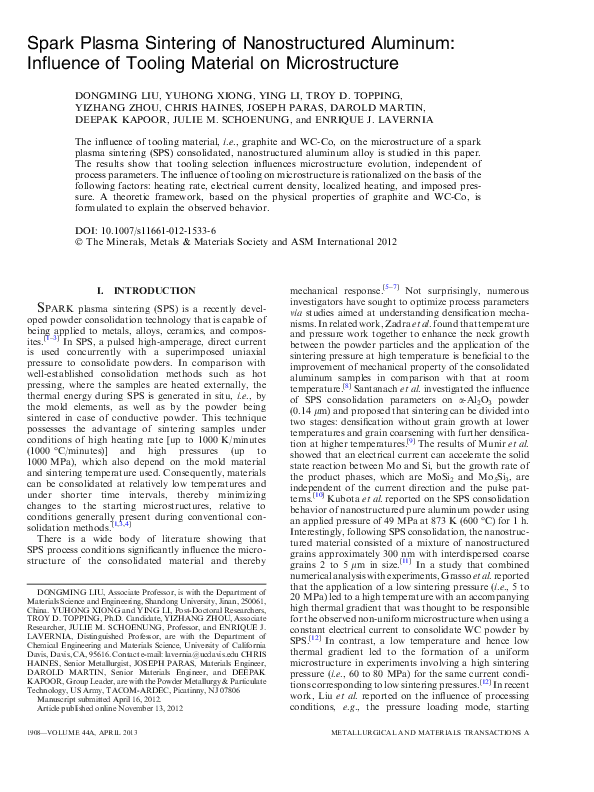 (PDF) Spark Plasma Sintering of Nanostructured Aluminum: Influence of ...