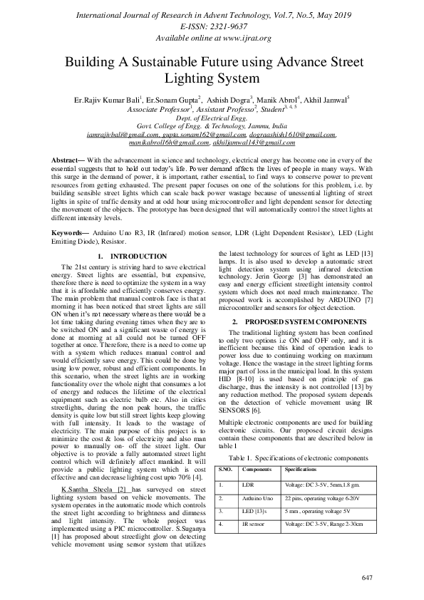 (PDF) Building A Sustainable Future using Advance Street Lighting System