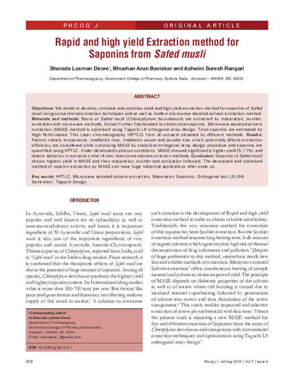 (PDF) Rapid and high yield Extraction method for Saponins from Safed musli