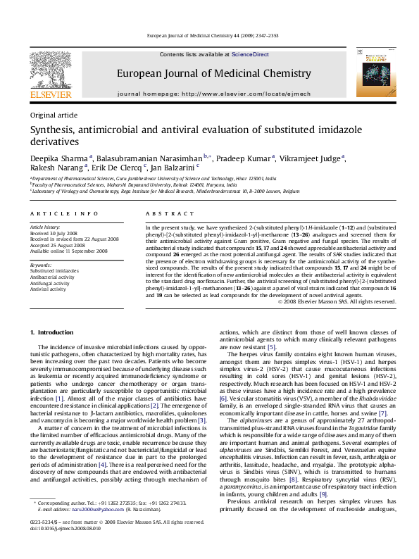 (PDF) Synthesis, antimicrobial and antiviral evaluation of substituted ...