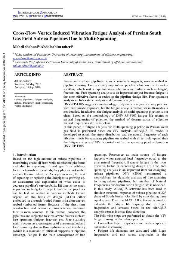 (PDF) Cross-Flow Vortex Induced Vibration Fatigue Analysis of Persian ...