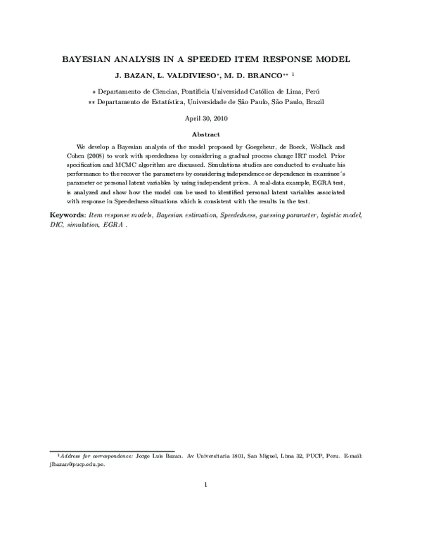 (PDF) Bayesian Analysis in a Speeded Item Response Model