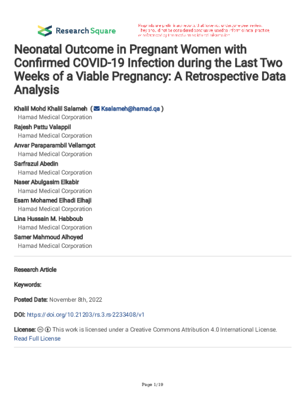 (PDF) Neonatal Outcome in Pregnant Women with Confirmed COVID-19 ...