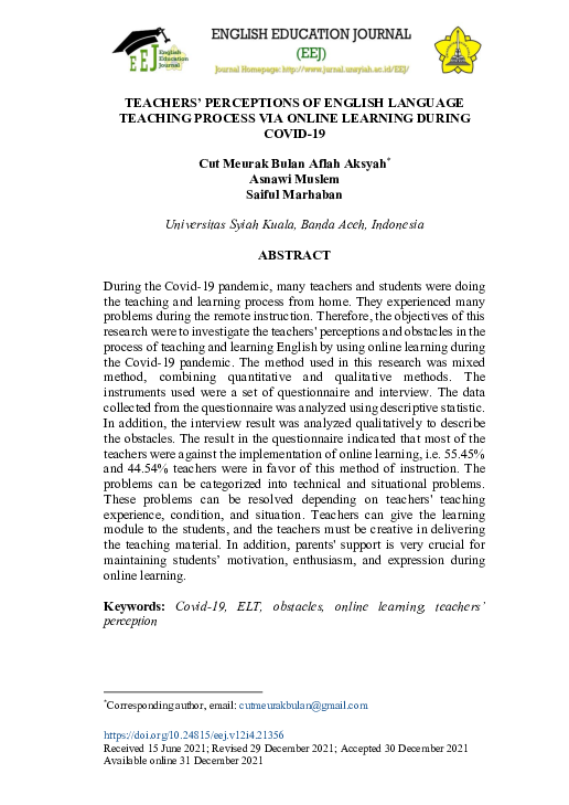 (PDF) Teachers’ perceptions of English language teaching process via ...
