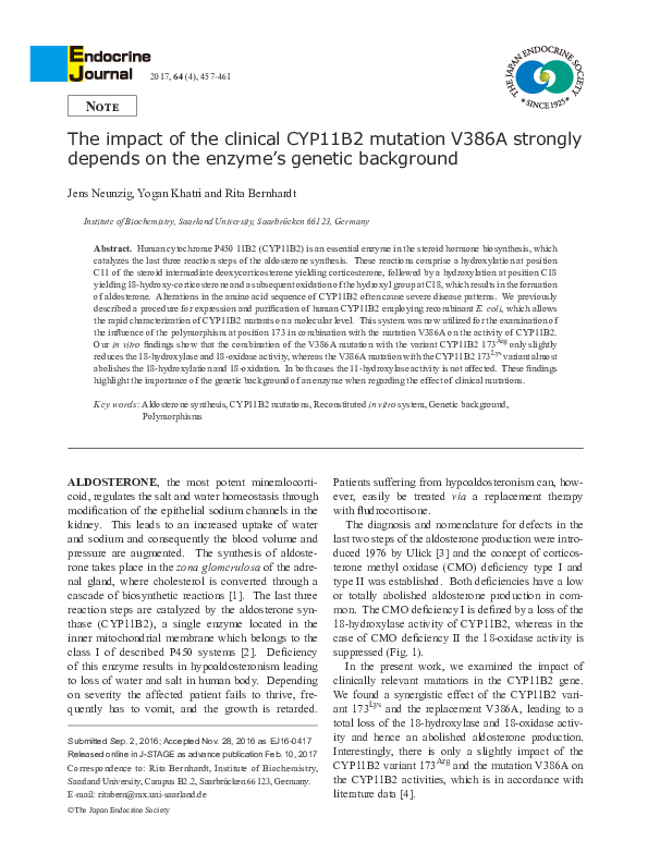 (PDF) The impact of the clinical CYP11B2 mutation V386A strongly ...