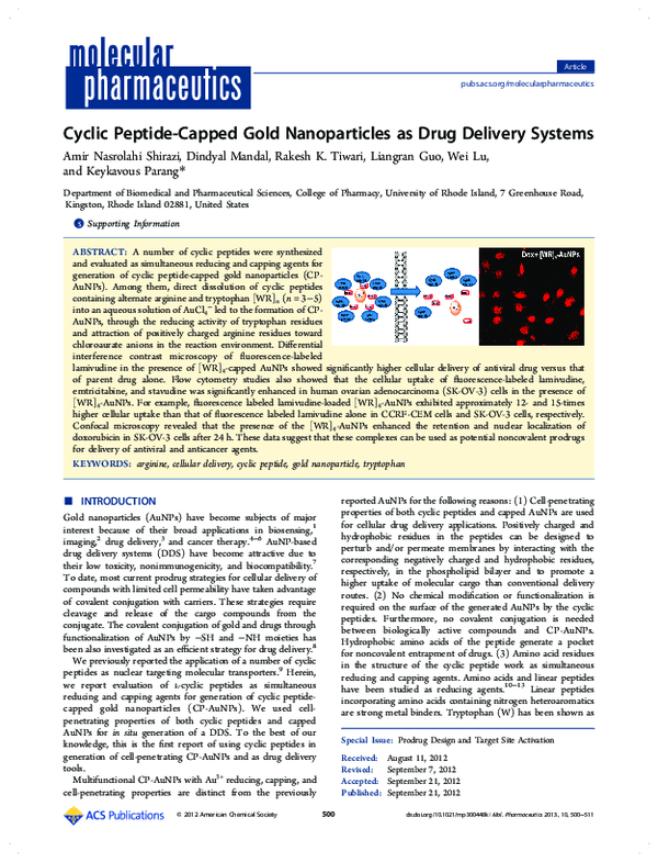 (PDF) Cyclic Peptide-Capped Gold Nanoparticles as Drug Delivery Systems