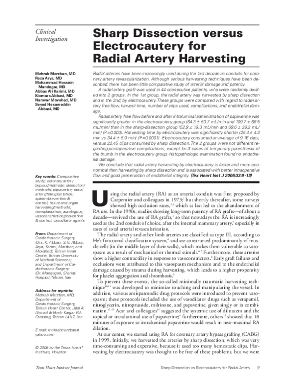 (PDF) Sharp dissection versus electrocautery for radial artery harvesting