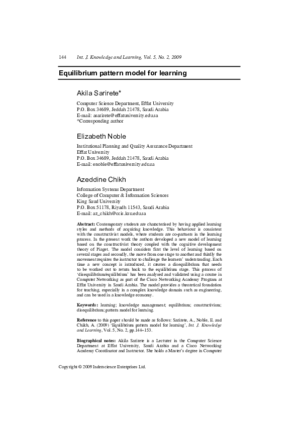 (PDF) Equilibrium pattern model for learning