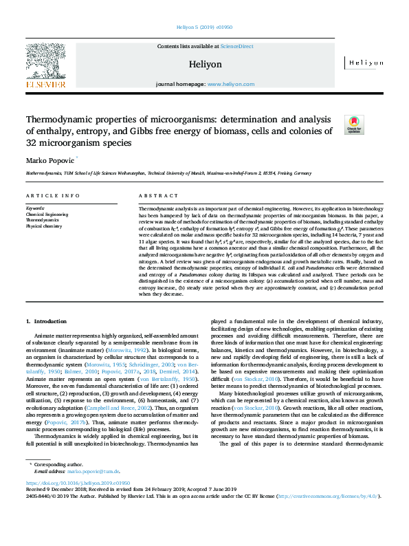 (PDF) Thermodynamic properties of microorganisms: determination and ...