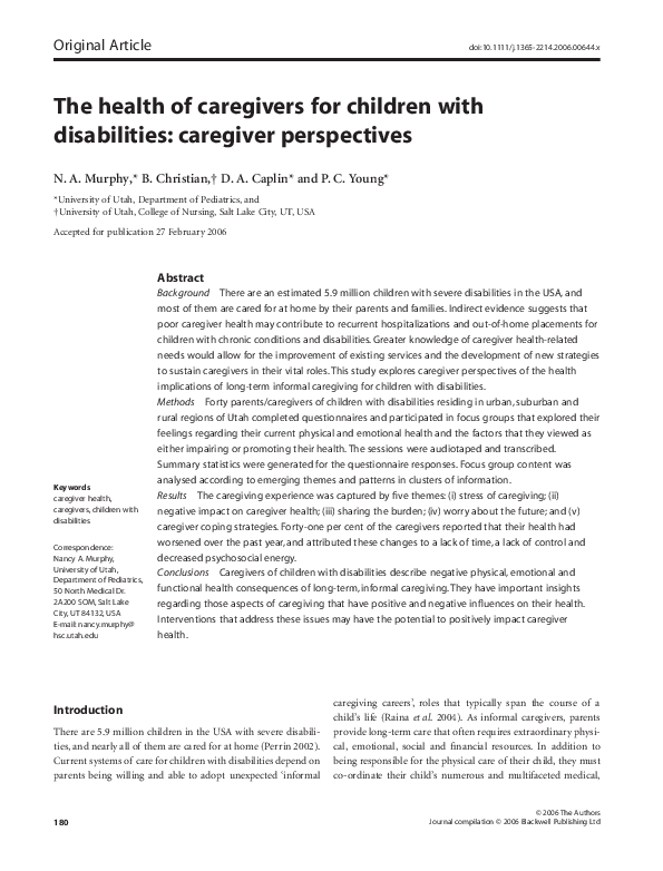 (PDF) The health of caregivers for children with disabilities ...