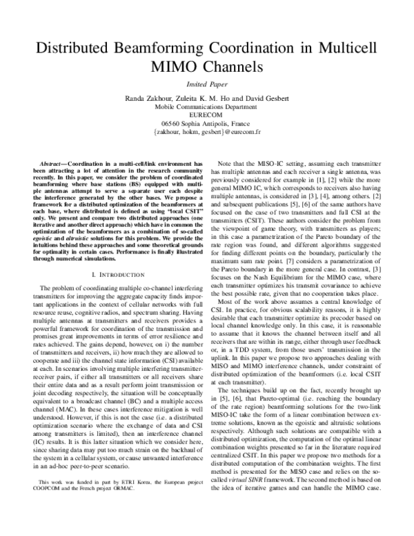 (PDF) Distributed Beamforming Coordination in Multicell MIMO Channels