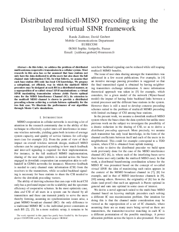 (PDF) Distributed Multicell-MISO Precoding Using the Layered Virtual ...