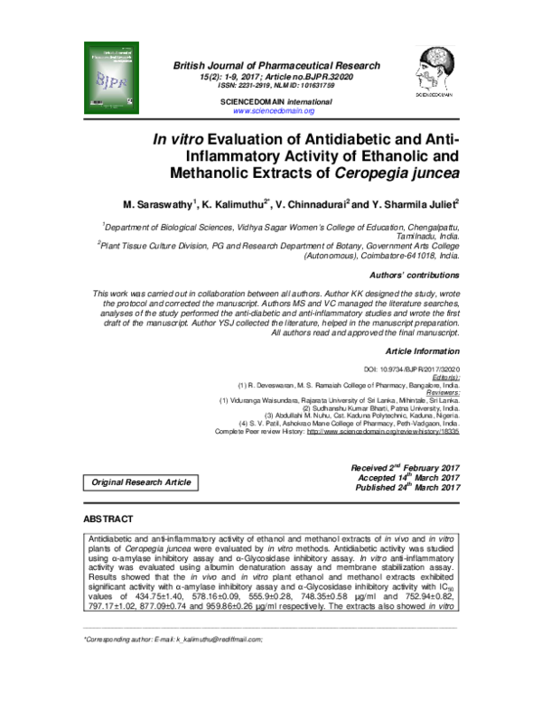 (PDF) In vitro Evaluation of Antidiabetic and Anti-Inflammatory ...
