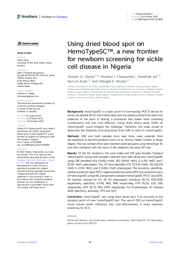 (PDF) Using dried blood spot on HemoTypeSC™, a new frontier for newborn ...