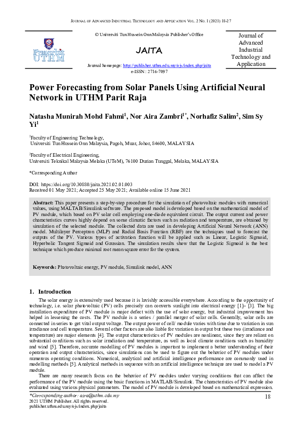 (PDF) Power Forecasting from Solar Panels Using Artificial Neural ...