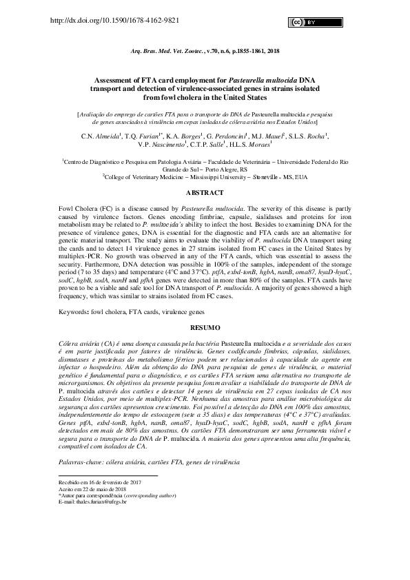 (PDF) Assessment of FTA card employment for Pasteurella multocida DNA ...