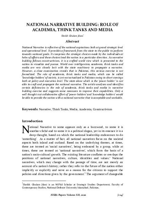 (PDF) NATIONAL NARRATIVE BUILDING: ROLE OF ACADEMIA, THINK TANKS AND MEDIA
