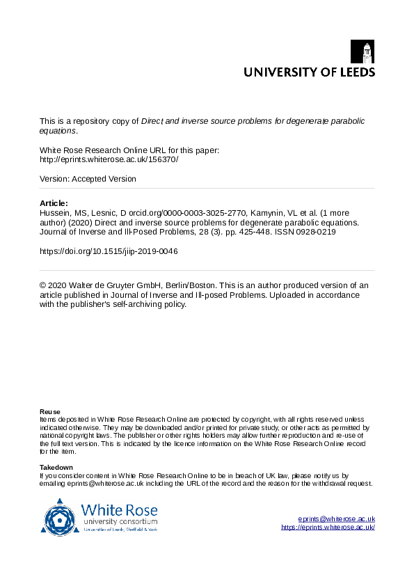 (PDF) Direct and inverse source problems for degenerate parabolic equations