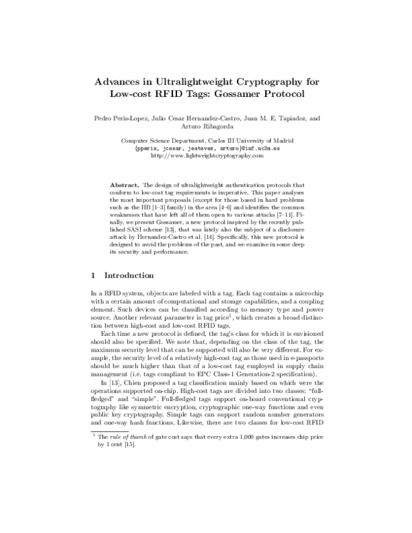 (PDF) Advances in Ultralightweight Cryptography for Low-Cost RFID Tags ...
