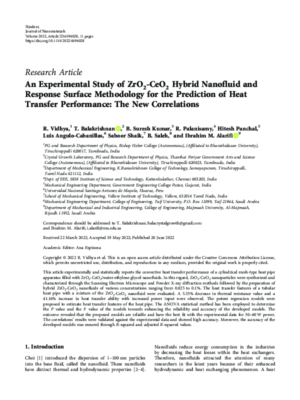 (PDF) An Experimental Study of ZrO 2 -CeO 2 Hybrid Nanofluid and ...