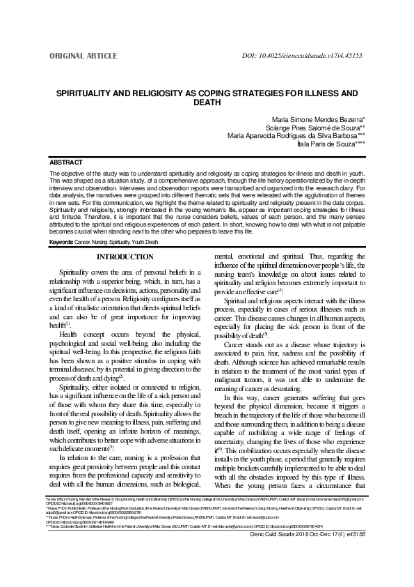 (PDF) SPIRITUALITY AND RELIGIOSITY AS COPING STRATEGIES FOR ILLNESS AND ...