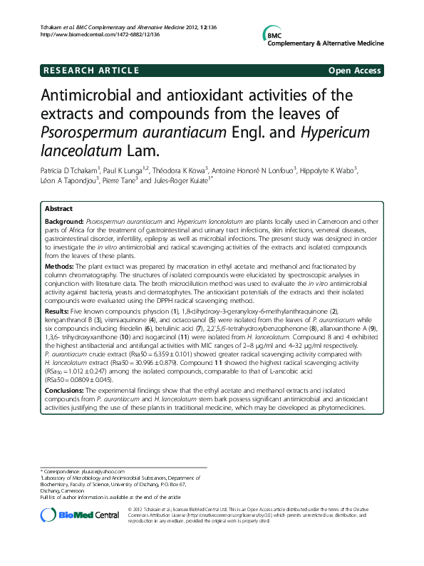 (PDF) Antimicrobial and antioxidant activities of the extracts and ...