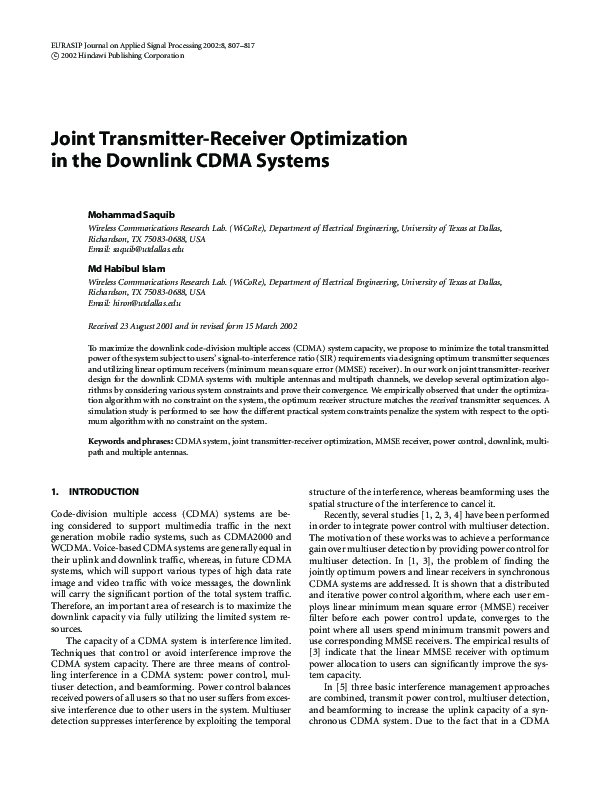 Pdf Joint Transmitter Receiver Optimization In The Downlink Cdma Systems