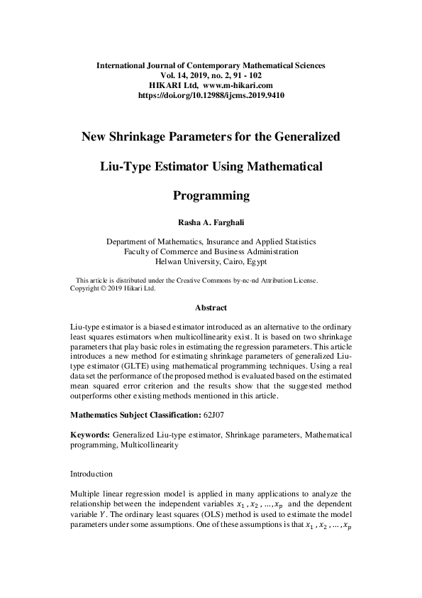 (PDF) New shrinkage parameters for the generalized Liu-type estimator ...