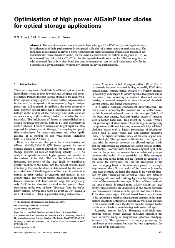 (PDF) Optimisation of high power AlGaInP laser diodes for optical ...