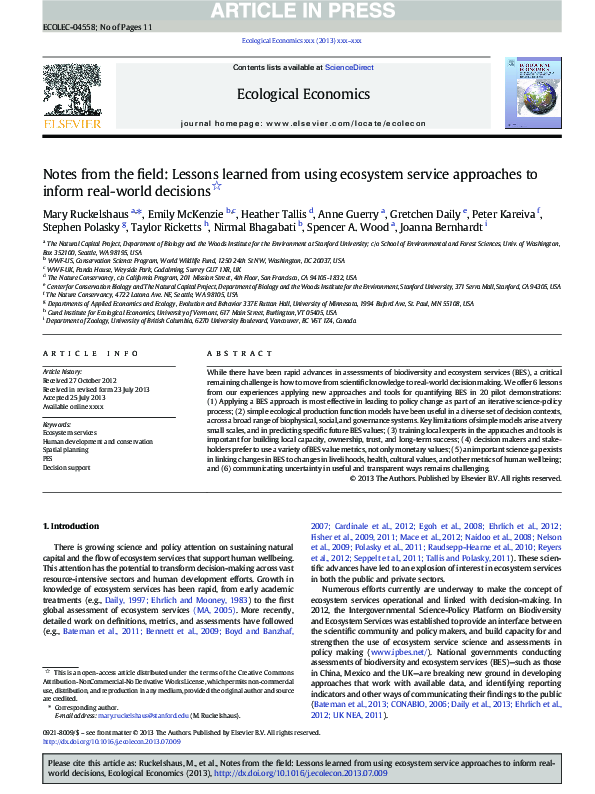 (PDF) Notes from the field: Lessons learned from using ecosystem ...