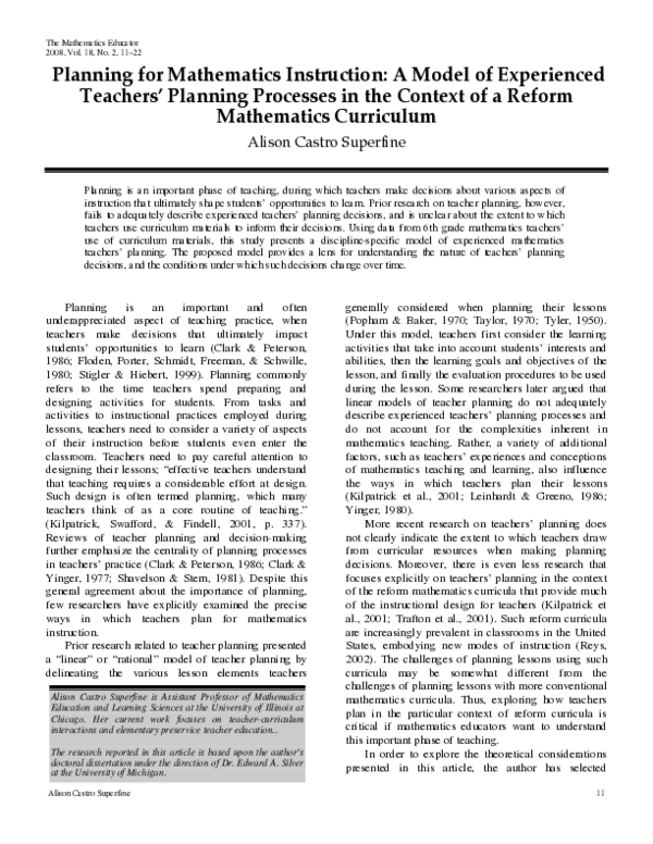 (PDF) Planning for Mathematics Instruction: A Model of Experienced ...