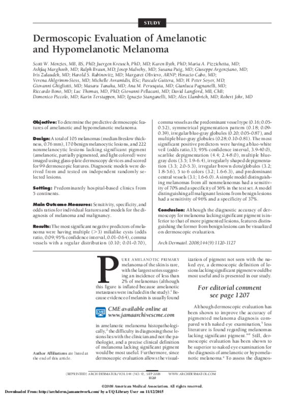 (PDF) Dermoscopic Evaluation of Amelanotic and Hypomelanotic Melanoma