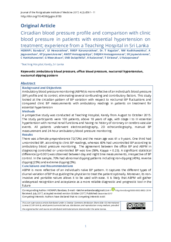 (PDF) Circadian blood pressure profile and comparison with clinic blood ...