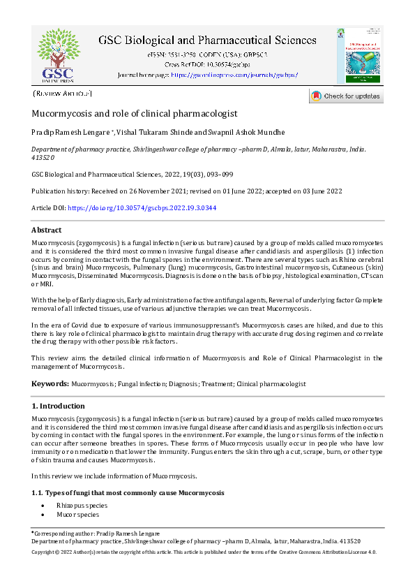 (PDF) Mucormycosis and role of clinical pharmacologist