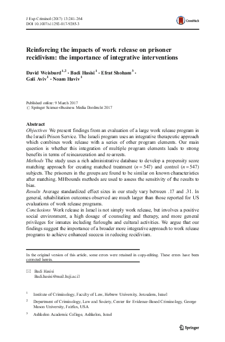 (PDF) Reinforcing the impacts of work release on prisoner recidivism ...