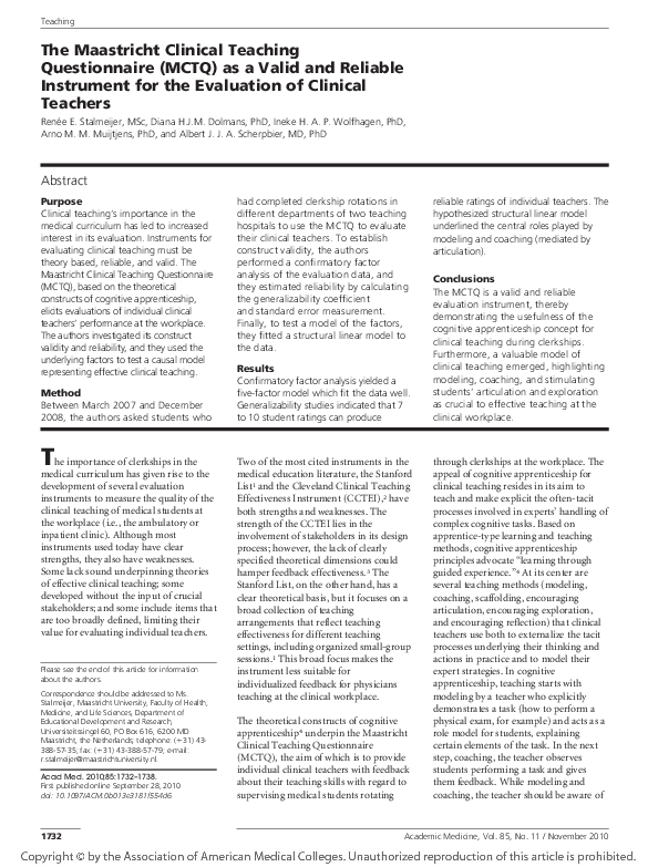 (PDF) The Maastricht Clinical Teaching Questionnaire (MCTQ) as a Valid