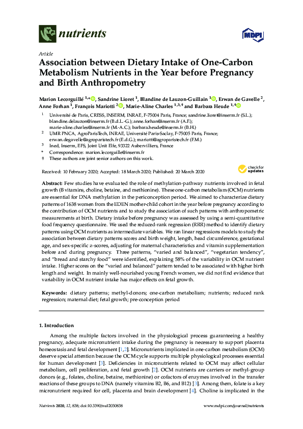 (PDF) Association between Dietary Intake of One-Carbon Metabolism ...