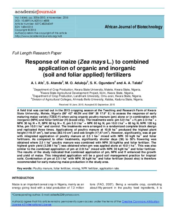 (PDF) Response of maize (Zea mays L.) to combined application of