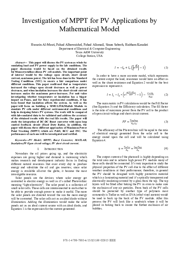 (PDF) Investigation of MPPT for PV applications by mathematical model
