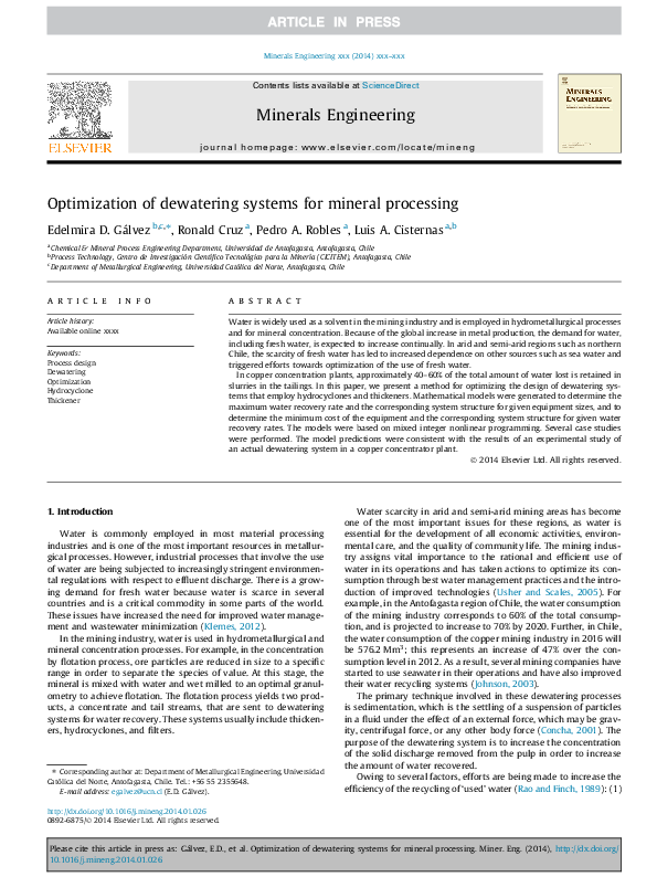 (PDF) Optimization of dewatering systems for mineral processing