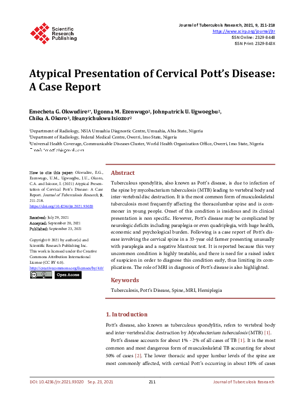 (PDF) Atypical Presentation of Cervical Pott’s Disease A Case Report