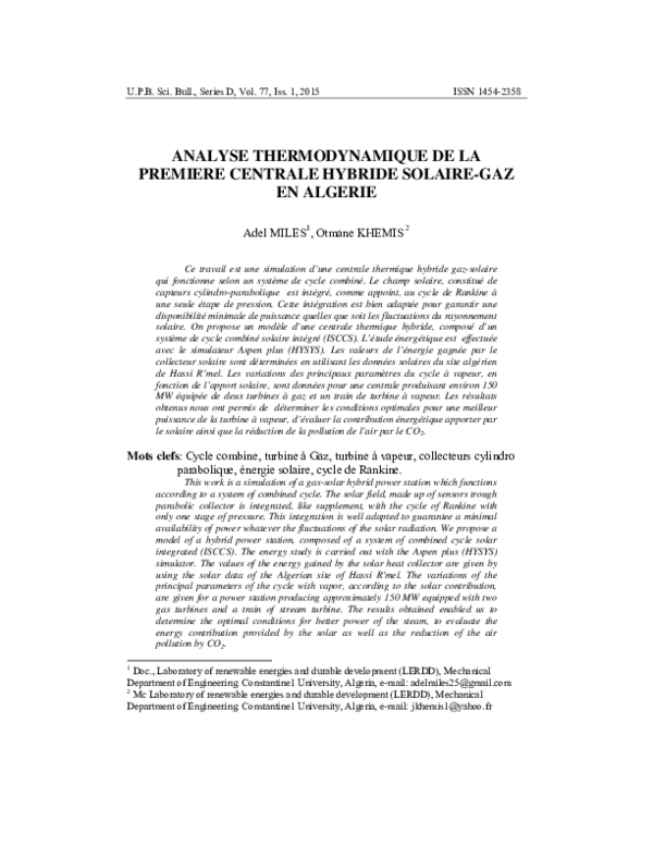 Analyse Thermodynamique De La Premiere Centrale Hybride Solaire-Gaz en Algerie