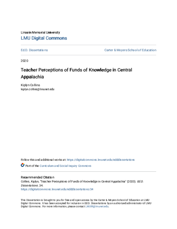 (PDF) Teacher Perceptions of Funds of Knowledge in Central Appalachia