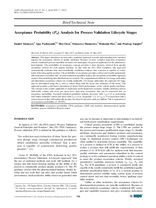 (PDF) Acceptance Probability (P a) Analysis for Process Validation ...