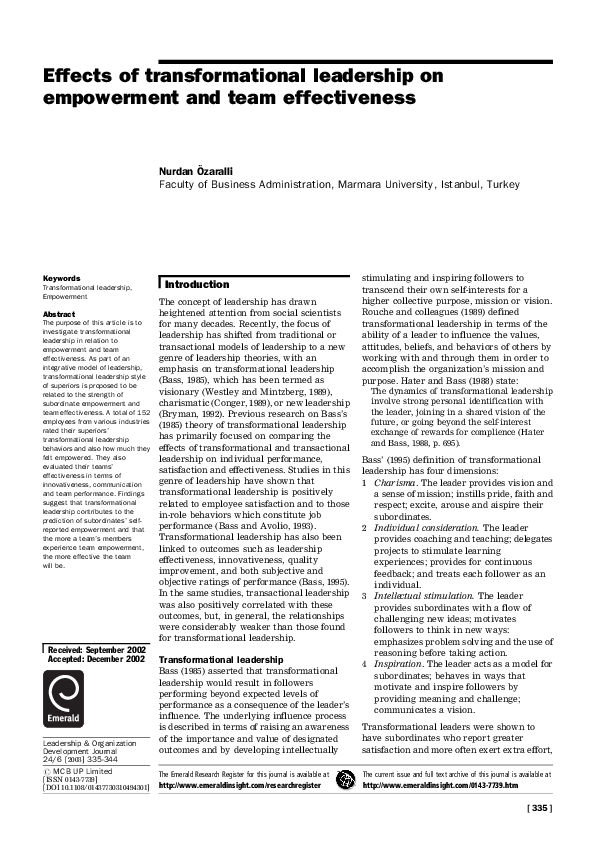 (PDF) Effects of transformational leadership on empowerment and team ...