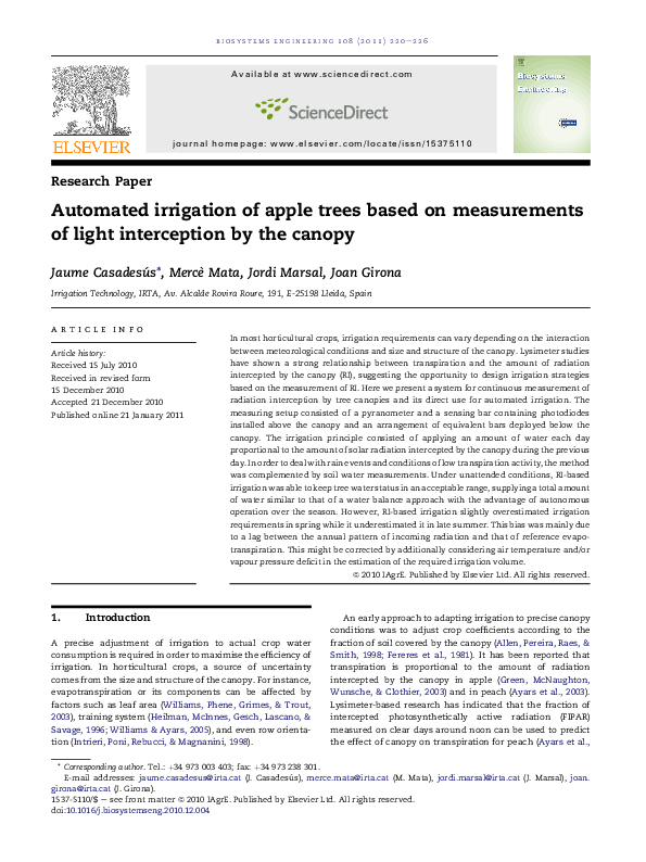 (PDF) Automated irrigation of apple trees based on measurements of ...