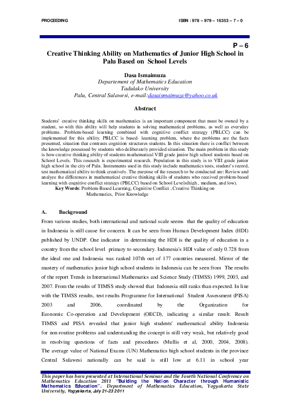 (PDF) Creative Thinking Ability on Mathematics of Junior High School in ...
